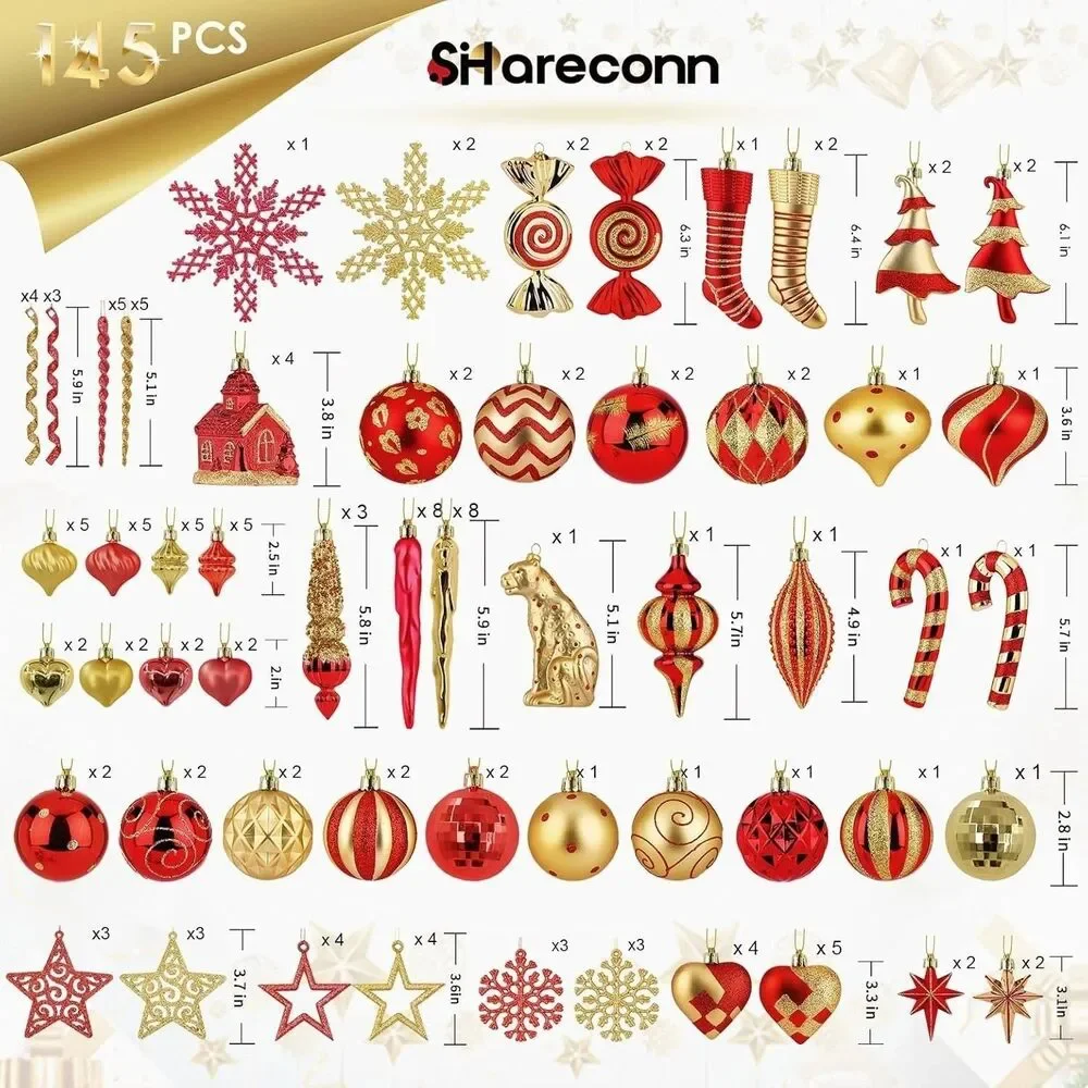 145 Piece Shatterproof Red Gold Christmas Ornament Set Tree Decor